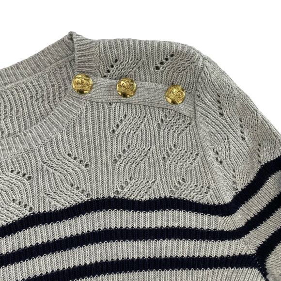 TALBOTS Gray Navy Blue Stripe Button Shoulder Pullover Sweater Size Medium Women - Picture 6 of 11